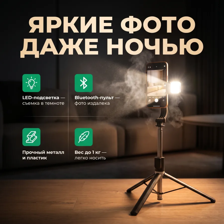 Слайд про подсветку: заголовок «Яркие фото даже ночью», штатив с включённой LED-панелью в тёмной комнате